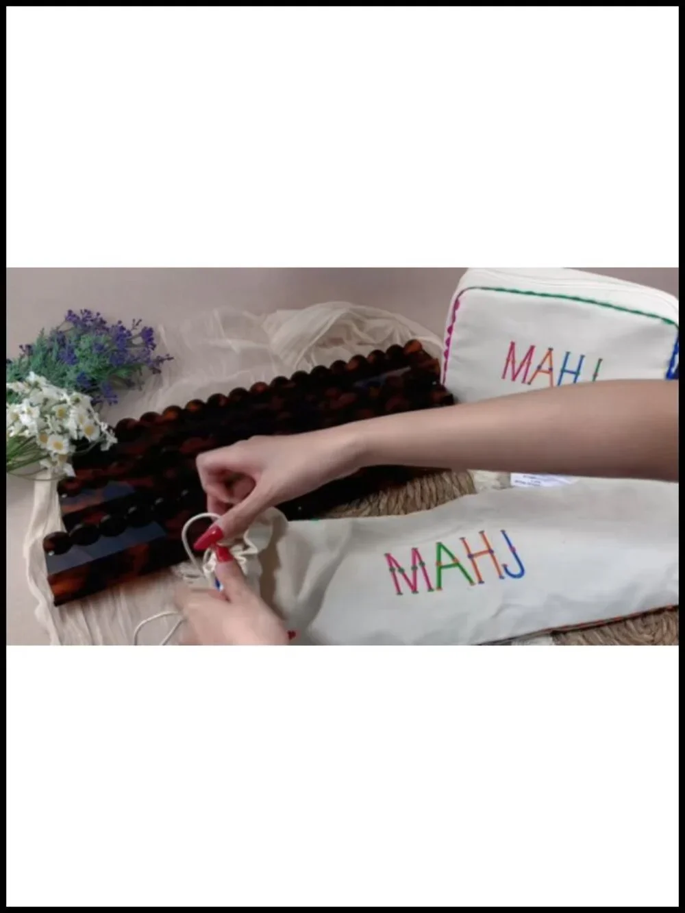 Mahjong Bag Set 3-Piece Canvas Tote w/ Mat Holder, Tile Pouch & Rack Sleeve